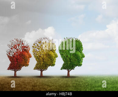 Tratamiento de la demencia y enfermedad de Alzheimer cerebro memoria concepto de terapia como viejos árboles recuperando como neurología o psicología cura metáfora con 3D illus Foto de stock