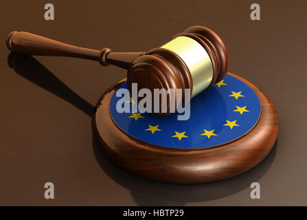 La legislación de la Unión Europea y el sistema jurídico del concepto con un martillo y la bandera de la UE. Foto de stock