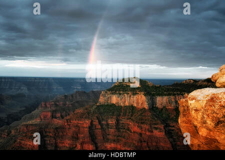 La primera luz y duchas de monzón de verano crear este arco iris sobre el borde norte de Arizona Grand Canyon National Park.