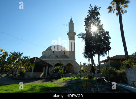 Mezquita Hala Sultan Tekke que se encuentra en el borde del lago salado en Larnaca Chipre. Foto de stock