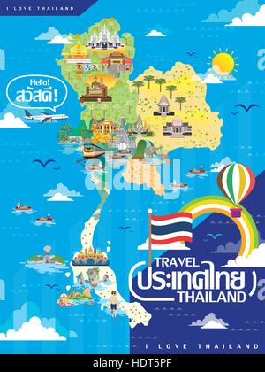 Mapa de viajes de Tailandia atractivo en estilo plano - Tailandia y hola  palabras en tailandés Imagen Vector de stock - Alamy