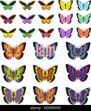 Conjunto de mariposas, aislado sobre fondo blanco. Mariposas multicolores. Ilustración vectorial, imágenes prediseñadas.