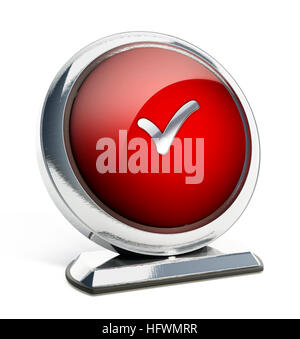 Botón rojo satinado con símbolo de aspa. Ilustración 3D.