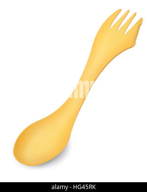 Spork es un cuchillo y tenedor spoon combinados en un único utensilio de una pieza aislada sobre fondo blanco. Foto de stock