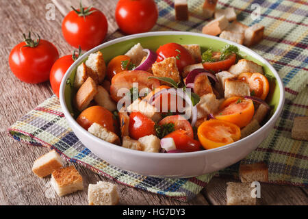 Pan italiano con ensalada de verduras - panzanella de cerca en la tabla horizontal. Foto de stock