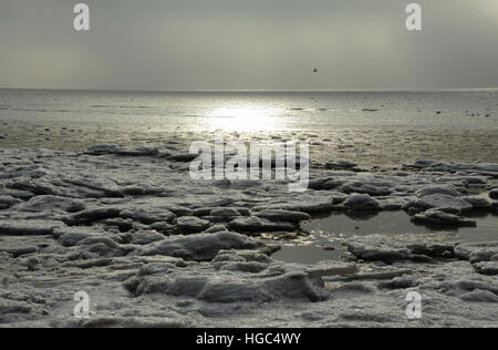 Extensión de terreno irregular-rápido el hielo del mar hacia la calma se aleja del mar con aves, playa al este de St Annes, Lancashire, UK Foto de stock
