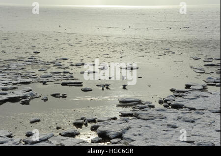 Cielo gris ver bloques de tierra-rápido el hielo del mar, sobre la playa hacia el mar se aleja con gaviotas, playa al este de St Annes, Lancashire, UK Foto de stock