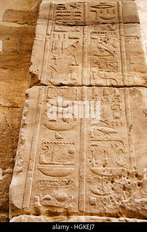 Detalles de talla, vista al interior, el templo de Karnak, compleja mezcla de dientes cariados templos, capillas, torres y otros edificios, Luxor, Egipto Foto de stock