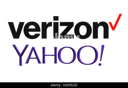Kiev, Ucrania - Septiembre 26, 2016: Yahoo y Verizon Communications logotipos impresos sobre papel blanco. Verizon Communications es un nuevo propietario de Yahoo serv Foto de stock