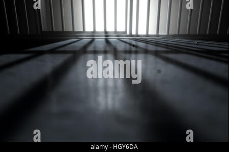 3D Render de un primer plano de vista de celdas barras de hierro con una puerta cerrada proyecte sombras sobre el piso de la cárcel con espacio de copia Foto de stock