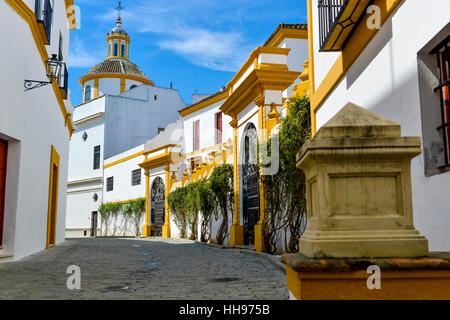 Blanco con casas de decoración amarilla en las antiguas calles de Sevilla, España.