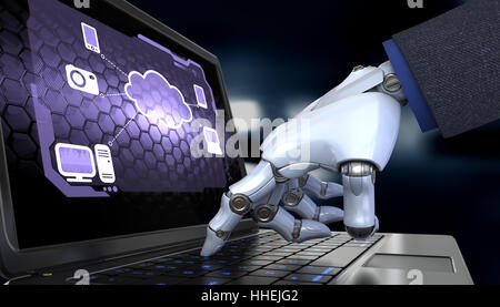 La mano del robot trabaja con un diagrama de Cloud Computing en la pantalla del ordenador portátil. Ilustración 3D Foto de stock