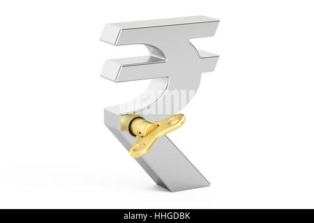 Símbolo de la rupia de plata con wind-up key, 3D rendering Foto de stock