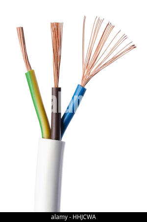 Cable de alimentación eléctrica estándar IEC sobre fondo blanco. Sección transversal. Chaqueta de cable, cable de aislamiento. Foto de stock