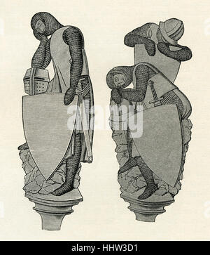 Dormir caballeros en armadura y chainmail, Ilustración alemana del siglo 13, c. 1218 - 1220 Foto de stock