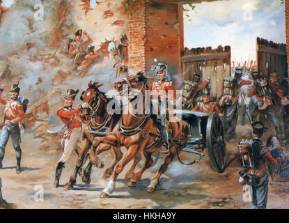 Batalla de Waterloo de cerrar las puertas de Hougoumont 18 de junio de 1815. Artista desconocido Foto de stock