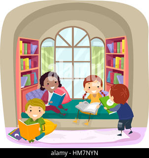 Stickman ilustración de niños leyendo libros en un rincón Foto de stock