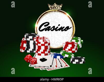Casino golden Bastidor Redondo con corona, pila de fichas de póquer, ace cartas y dados rojos sobre fondo verde. El emblema del club en línea Ilustración del Vector