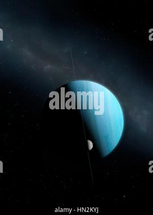 Una impresión de la verde en el planeta gigante de hielo, Urano y su recóndita luna sustancial, la fractura de Miranda. Urano es el séptimo planeta en orden de distancia desde el Sol, orbitando a una distancia media de 2,85 mil millones de km. es inusual en que tiene un color muy pálido, casi monótonos atmósfera y una inclinación axial cerca de 100 grados. Miranda extraño superficie, incluido el acantilado más alto del sistema solar conocido sugiere que el mundo estaba roto en un choque y posterior reinstalación. Foto de stock
