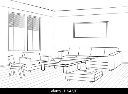 Muebles de interior con sofá, sillón, mesa, lámpara de piso, estante