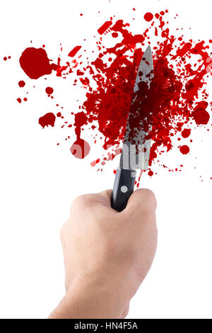Sujetar la cuchilla a mano aislado en blanco, halloween sangriento el asesinato o la muerte del asesino del delito violación concepto. Foto de stock