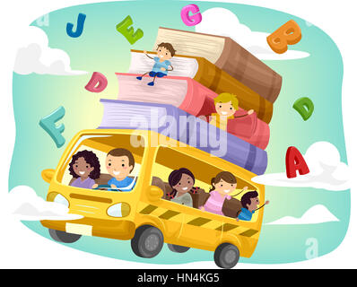 Stickman ilustración de niños montando en un autobús volador Foto de stock