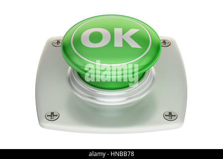 Ok, botón verde 3D rendering aislado sobre fondo blanco.