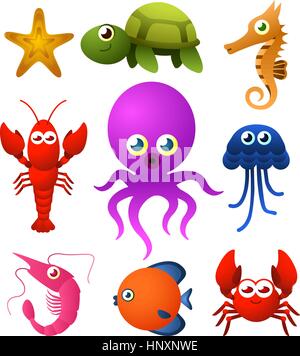 Nueve iconos de especies animales de vida marina, como estrellas de mar, tortugas, caballos de mar, matorral, pulpo ilustración vectorial. Ilustración del Vector
