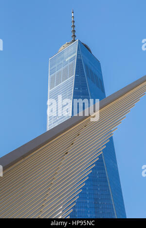 Las alas de la estriada Oculus World Trade Center Centro de Transporte contraste con One World Trade Center (Torre de la Libertad) en la Ciudad de Nueva York.
