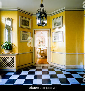 Un pasillo con paredes de color amarillo y suelo cuadriculado. Foto de stock