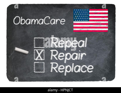 Opción de plan de salud Obamacare reparar escritos en tiza sobre una pizarra natural calizo blackboard