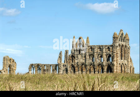 Whitby Abbey es una abadía benedictina en ruinas con vistas al Mar del Norte en el acantilado del este sobre Whitby en Yorkshire del Norte, Inglaterra Foto de stock