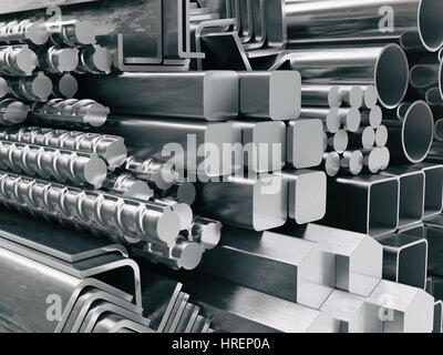 Perfiles y tubos de metal. Los diferentes productos de acero inoxidable. Ilustración 3d Foto de stock