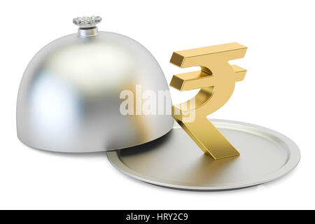 Restaurante cloche con oro, símbolo de la rupia 3D rendering Foto de stock
