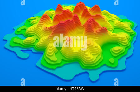 Ilustración 3D. Mapa topográfico de la isla. Elevación en colores de azul a rojo.