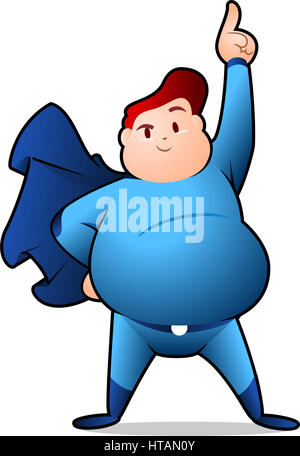 Chubby superhéroe posando con traje de superhéroe azul y azul cabo ilustración vectorial. Foto de stock