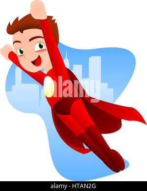 Superhéroe niño volando listo para trabajar con una luz azul de fondo ciudad ilustración vectorial. Con traje rojo y Cabo rojo, sonriente héroe.