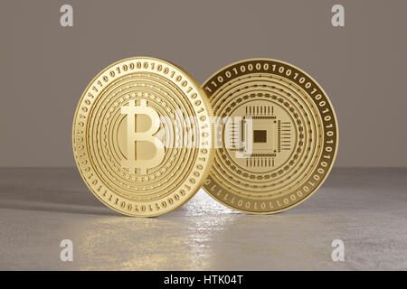 Dos color dorado brillante bitcoins de pie en el piso metálico como concepto de tecnología financiera y cripto-moneda