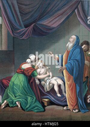 Elías, profeta del Antiguo Testamento, elevando el hijo de la viuda de aparente muerte. 'Biblia' 1 Reyes 17. Litografía de color c1860. Foto de stock