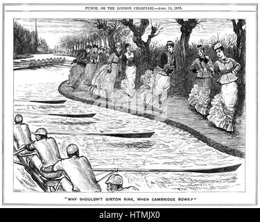 Patinaje artístico muy de moda. Señorita estudiantes de Girton sobre el camino de sirga Arengando a remeros de remo en el río. George Du Maurier caricatura de "Punch", Londres, 15 de abril de 1876 Foto de stock