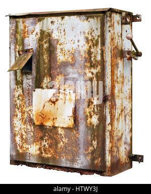 Oxidado viejo retro metal box de fusibles e interruptores eléctricos. Aislado Foto de stock