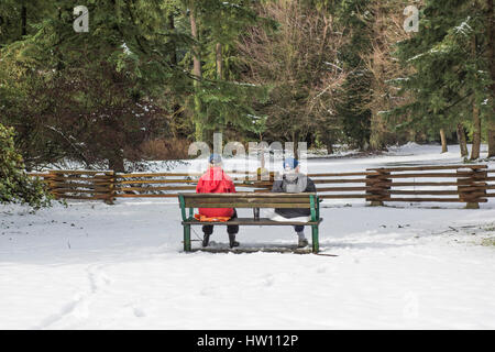 Dos señores ancianos sentados en un banco del parque frente a un parque cubierto de nieve. Foto de stock