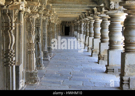 Corredor Sur columnata de clausura en el templo Chennakesava, arquitectura de Hoysala, Somnathpur, Karnataka, India Foto de stock