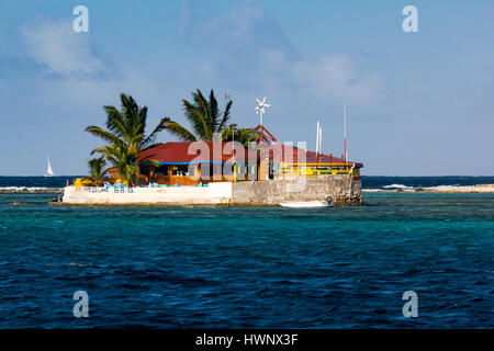 Vista detallada de la isla feliz, un aislado Restaurante con palmeras; Union Island, San Vicente y las Granadinas, el Caribe oriental. Foto de stock
