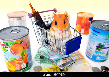 La figura del hámster en el carrito de la compra, la compra de hámster fotografía simbólica, IM, Symbolfoto Hamsterfigur Einkaufswagen Hamsterkaeufe Foto de stock