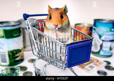 La figura del hámster en el carrito de la compra, la compra de hámster fotografía simbólica, IM, Symbolfoto Hamsterfigur Einkaufswagen Hamsterkaeufe Foto de stock