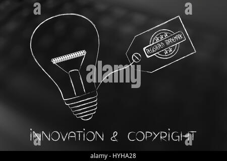 Idea bombilla con etiqueta de marca, concepto de propiedad intelectual y la creatividad