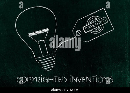 Idea bombilla con etiqueta patentada, el concepto de propiedad intelectual y la creatividad