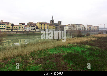 Arno invierno vegetación y edificios históricos - el terraplén del río Arno, Florencia (Firenze), Toscana, Italia, Europa Foto de stock