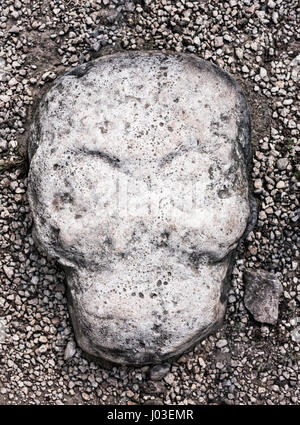 Cráneo antiguas esculturas de piedra incrustadas en el suelo de la cancha de pelota en Cobá, Ruinas Mayas, México, donde los Mayas jugado el juego de pelota y los perdedores somos Foto de stock